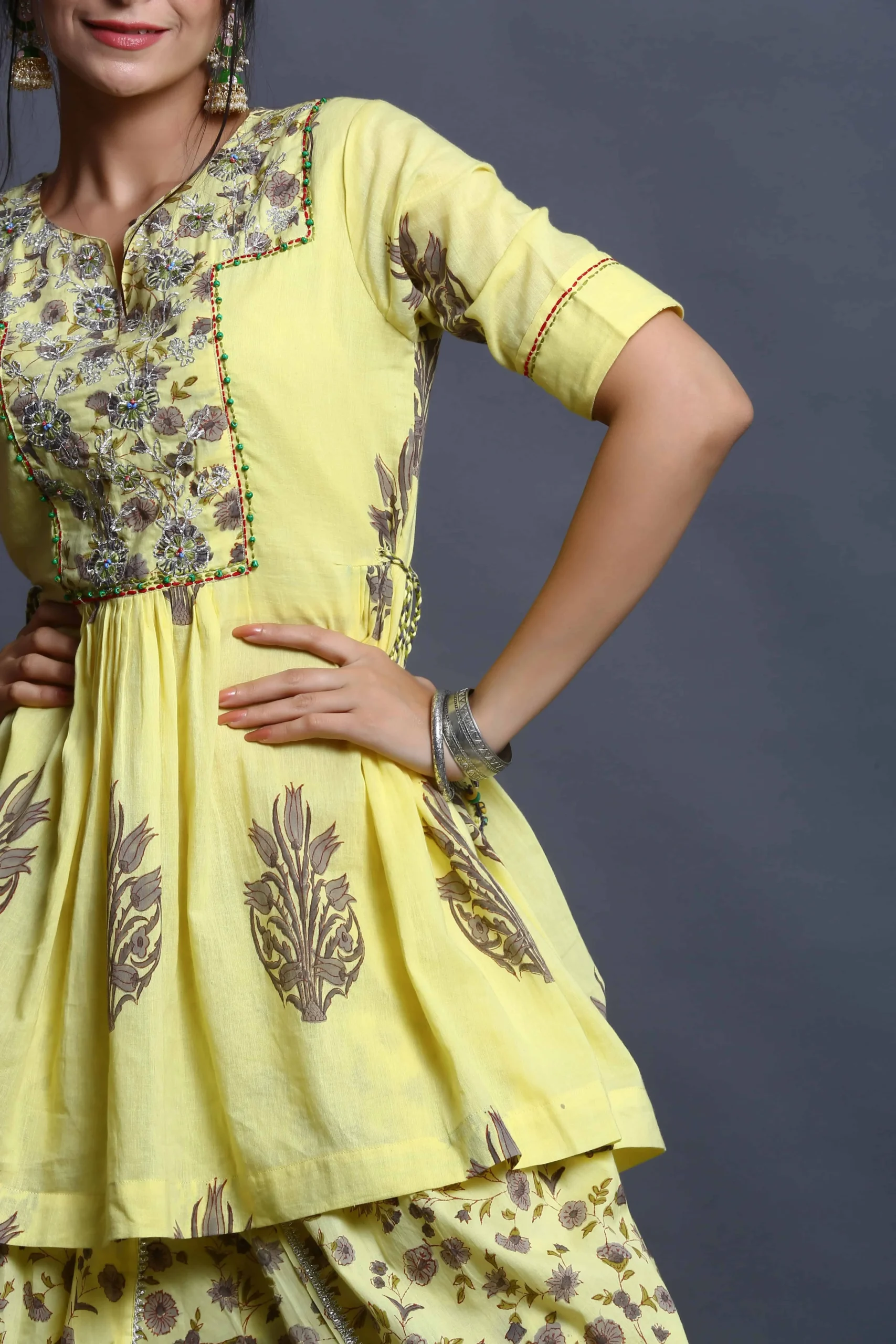 Yellow Block Print Dhoti Set
