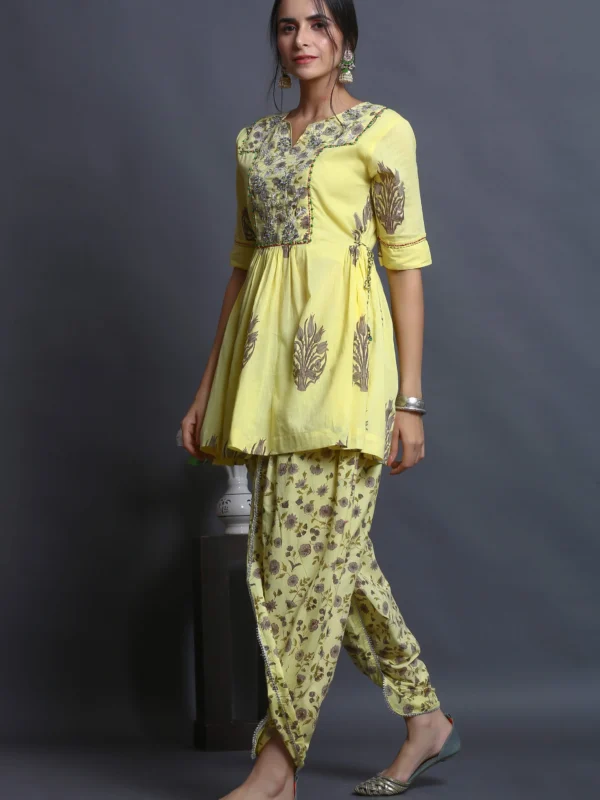 Yellow Block Print Dhoti Set