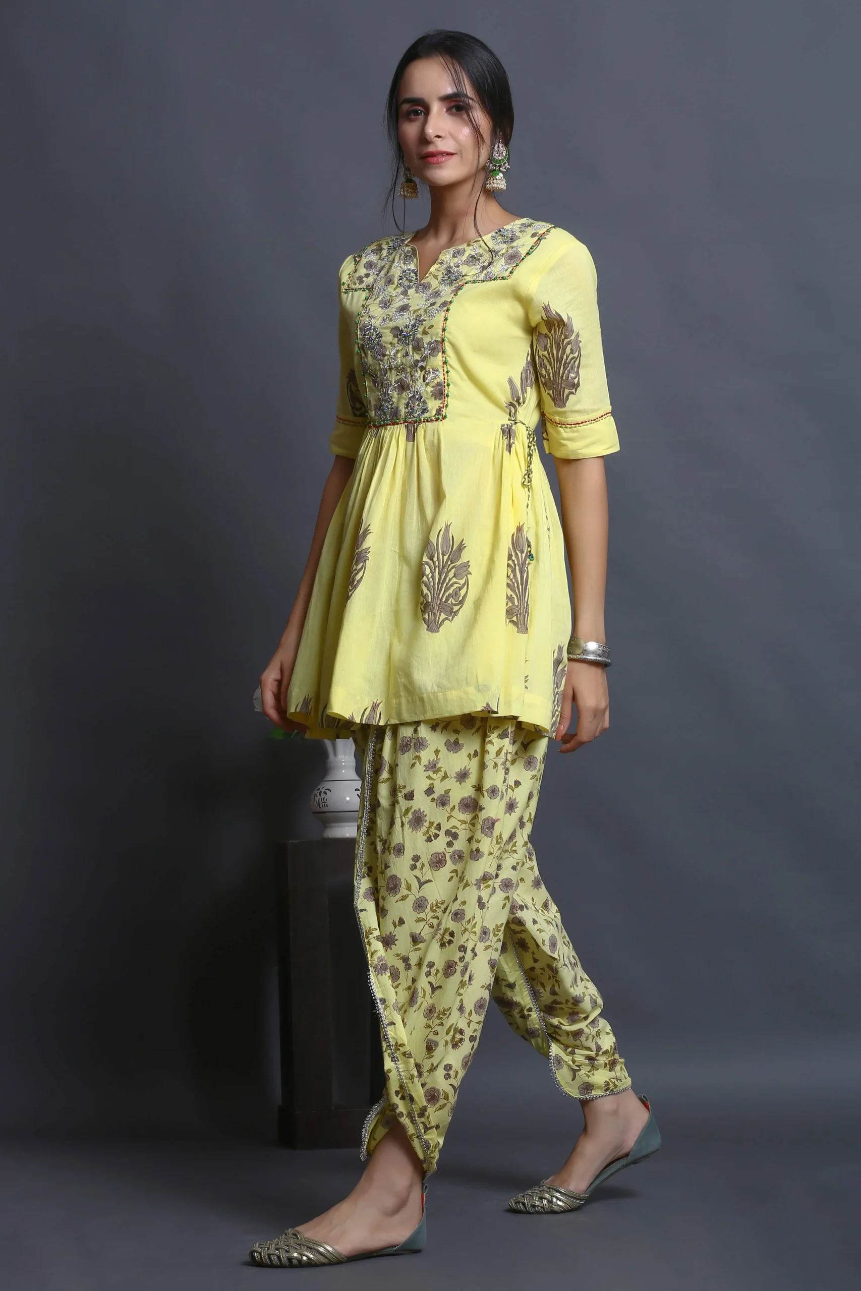 Yellow Block Print Dhoti Set
