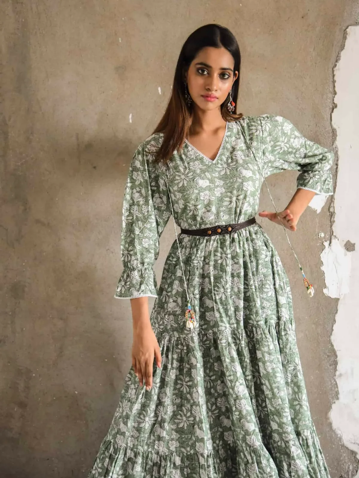 Green Floral Printed Long Dress