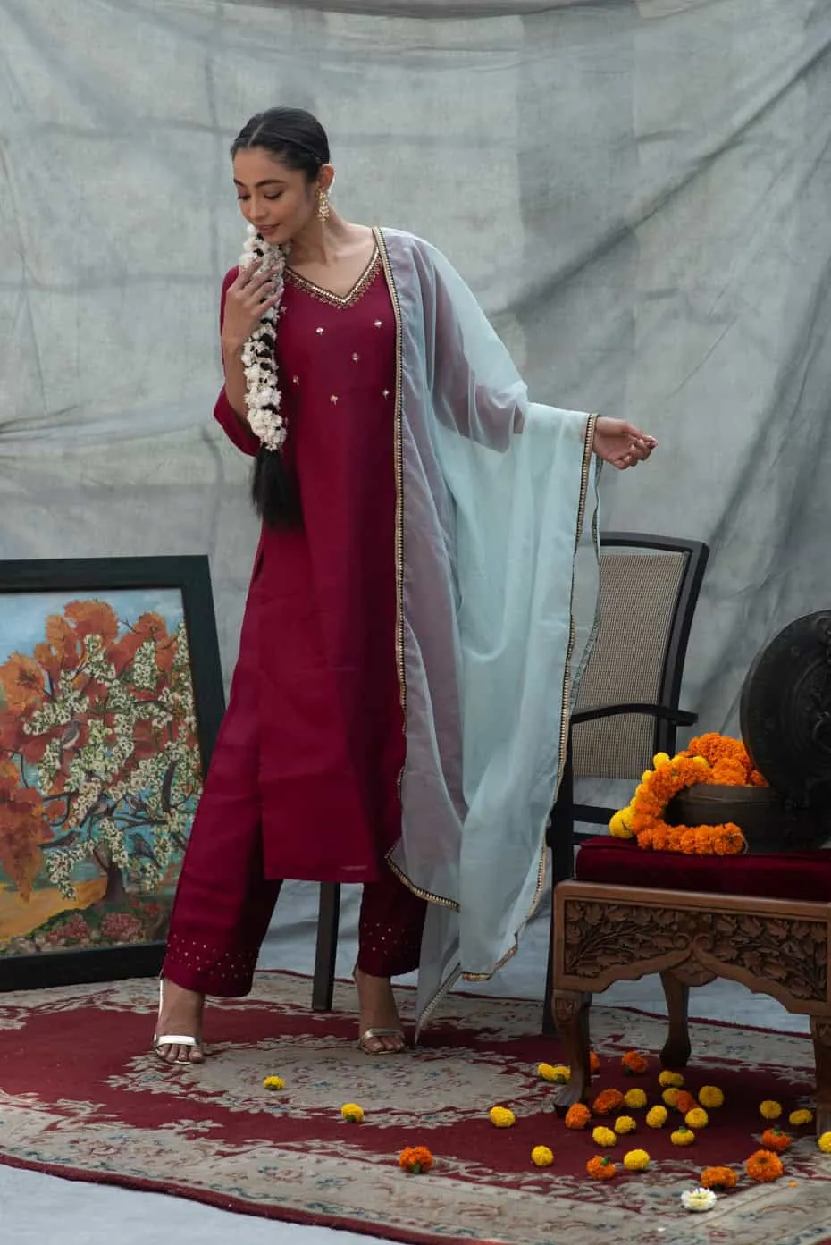 Wine Handwork Kurta Set