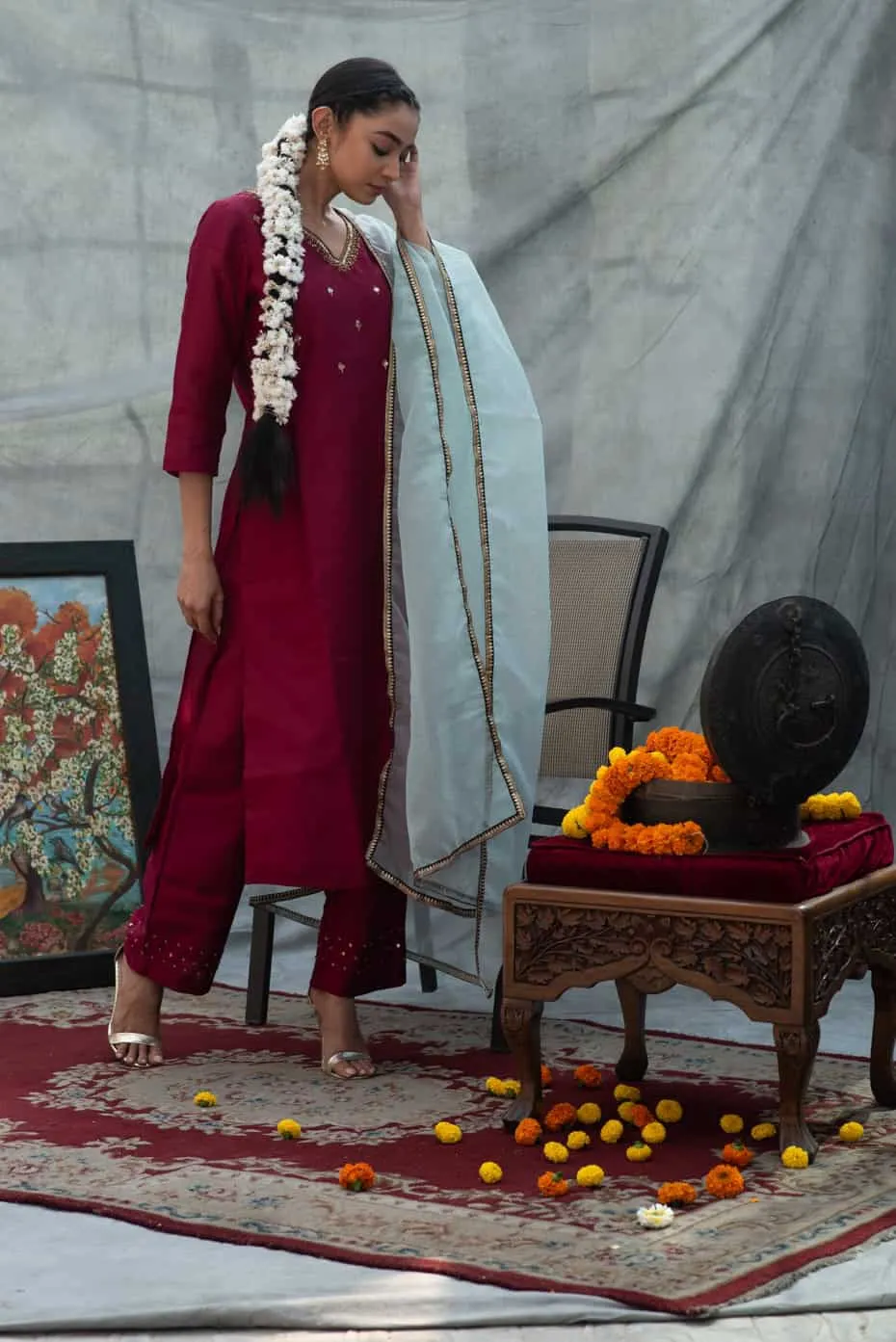 Wine Handwork Kurta Set