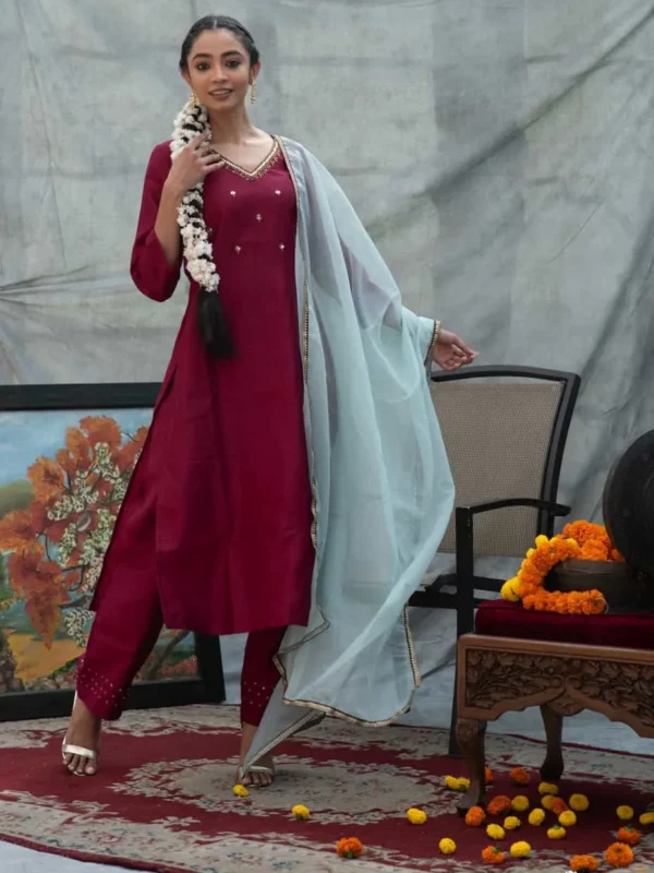 Wine Handwork Kurta Set