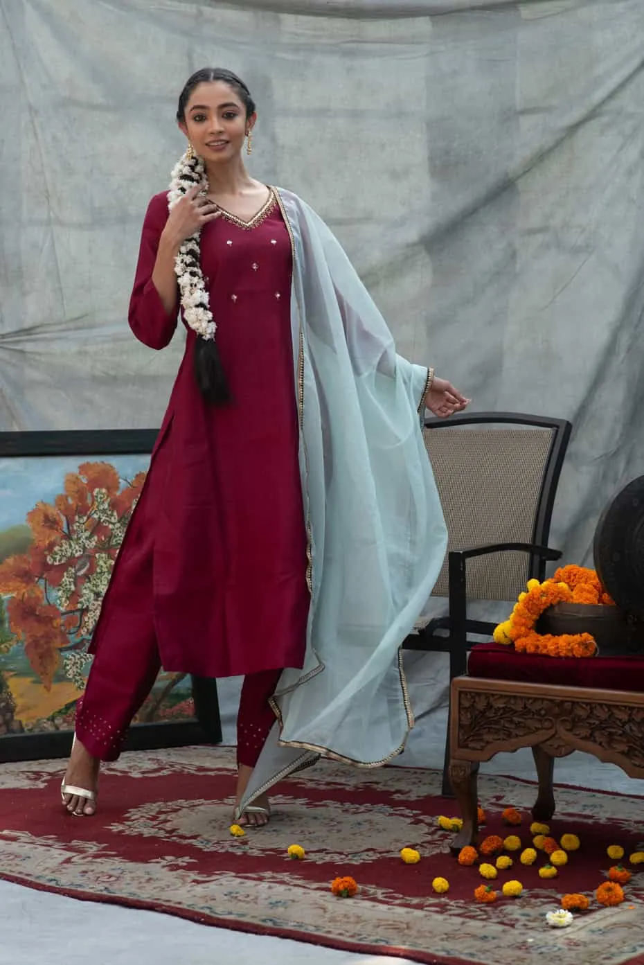 Wine Handwork Kurta Set