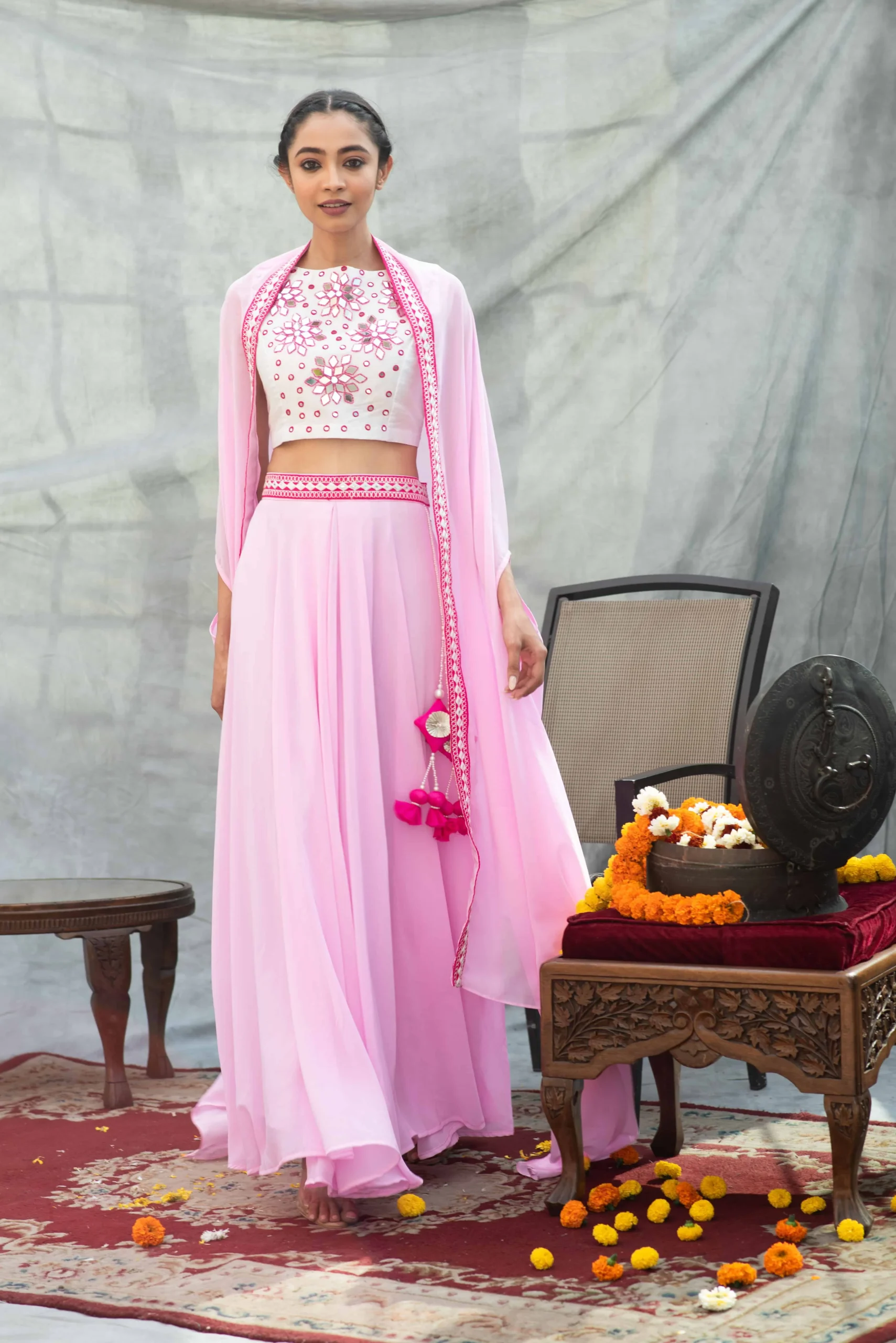 Pink Skirt Set With Mirrorwork Top