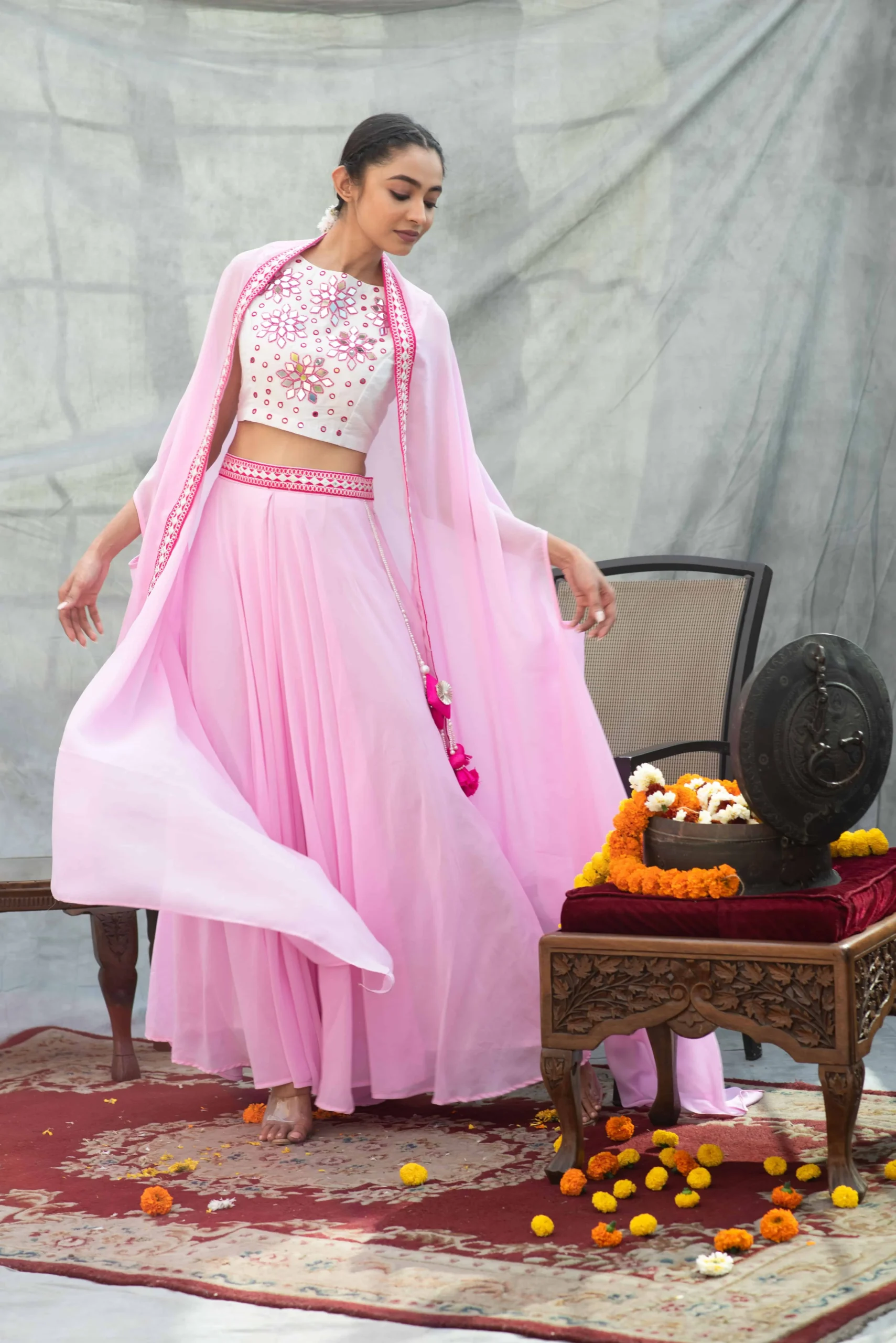 Pink Skirt Set With Mirrorwork Top