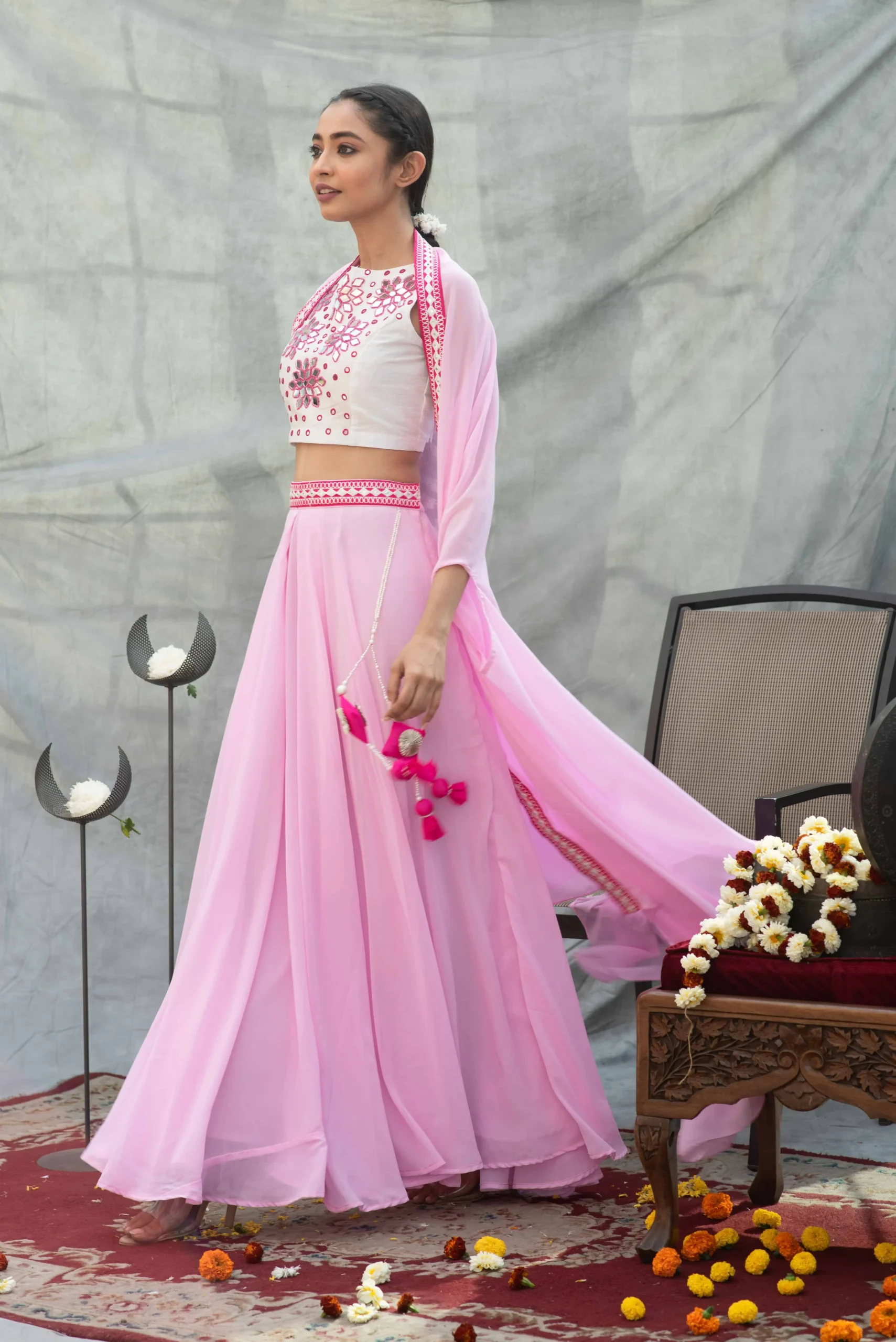 Pink Skirt Set With Mirrorwork Top