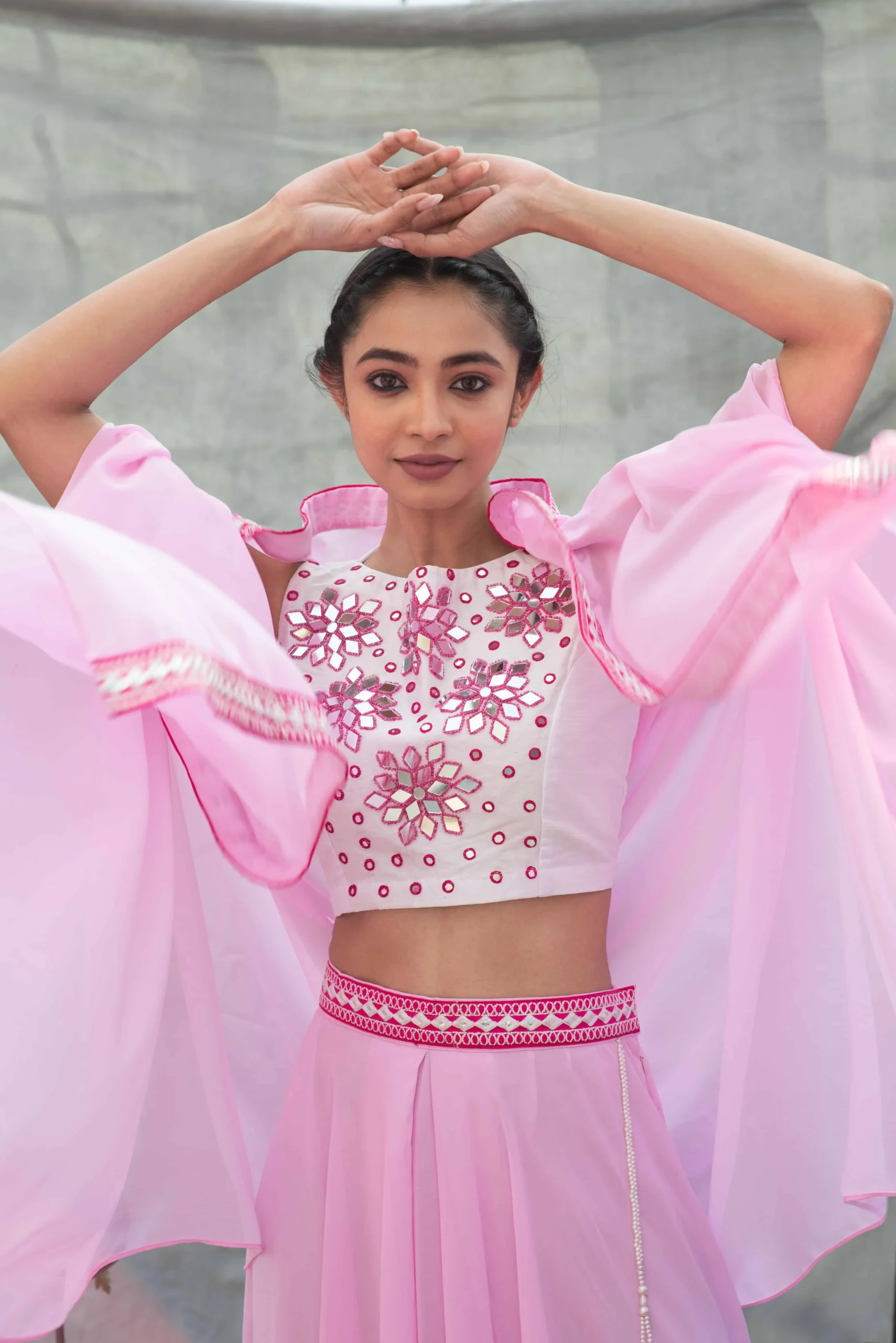 Pink Skirt Set With Mirrorwork Top