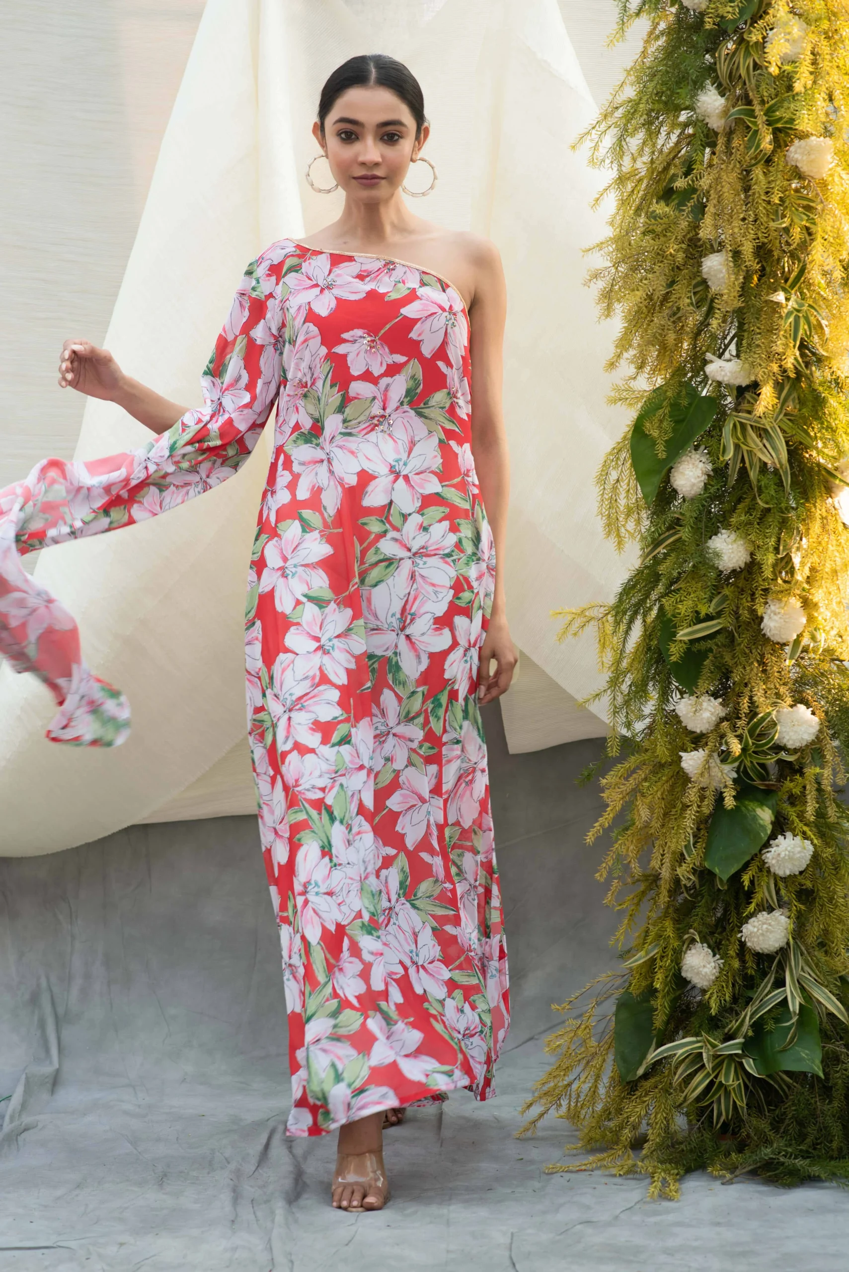 Red Floral Oneshoulder Kaftan Top