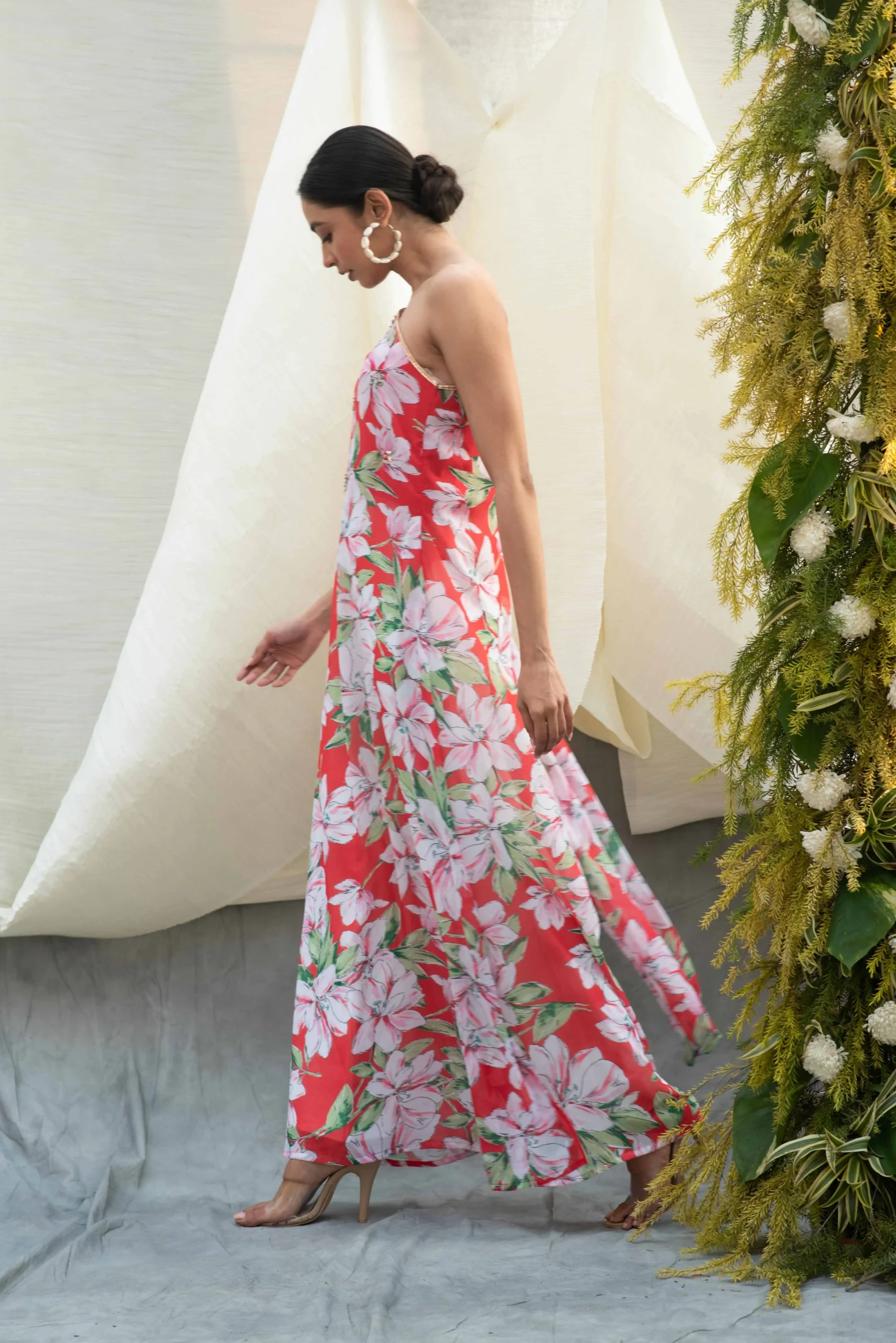 Red Floral Oneshoulder Kaftan Top