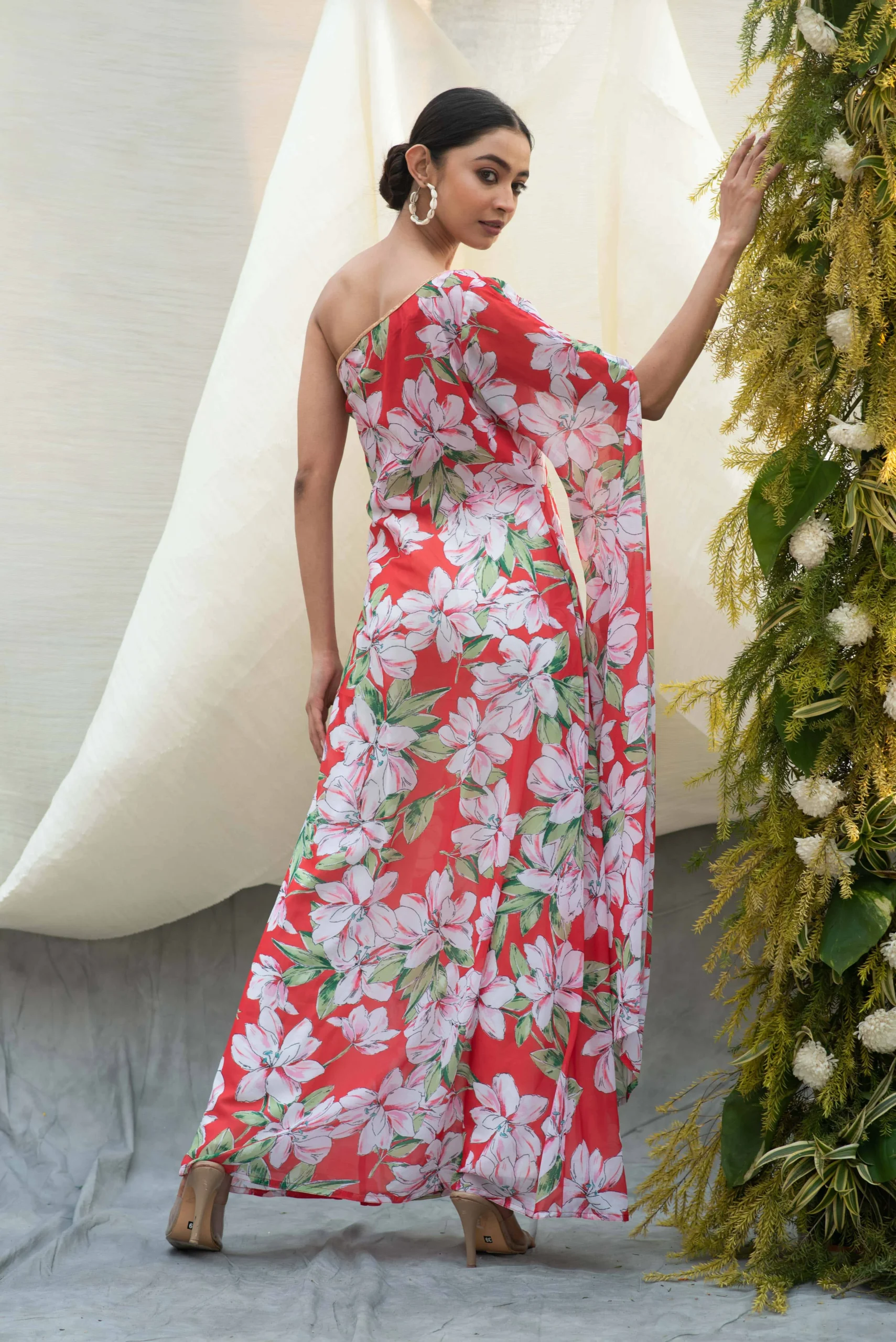 Red Floral Oneshoulder Kaftan Top