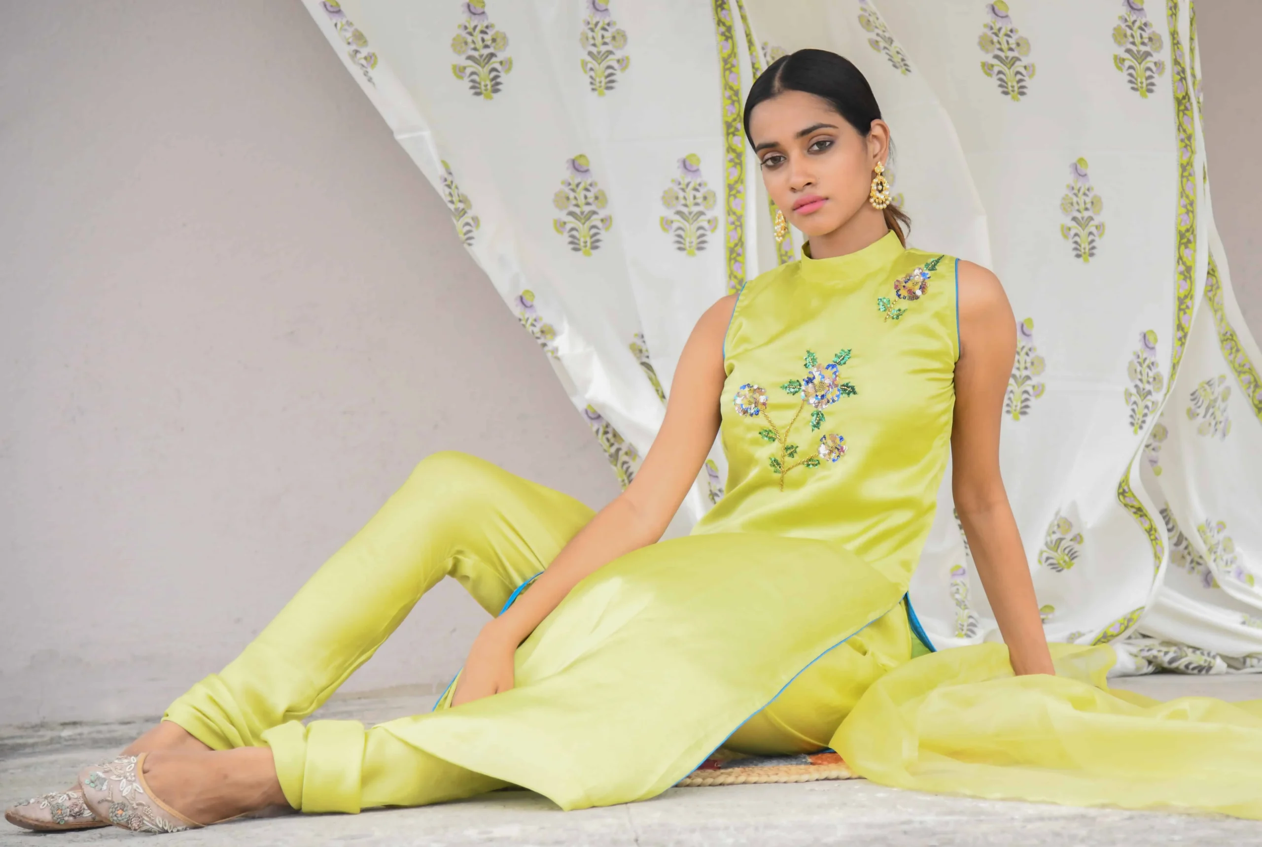 Green Sequined Satin Kurta Set