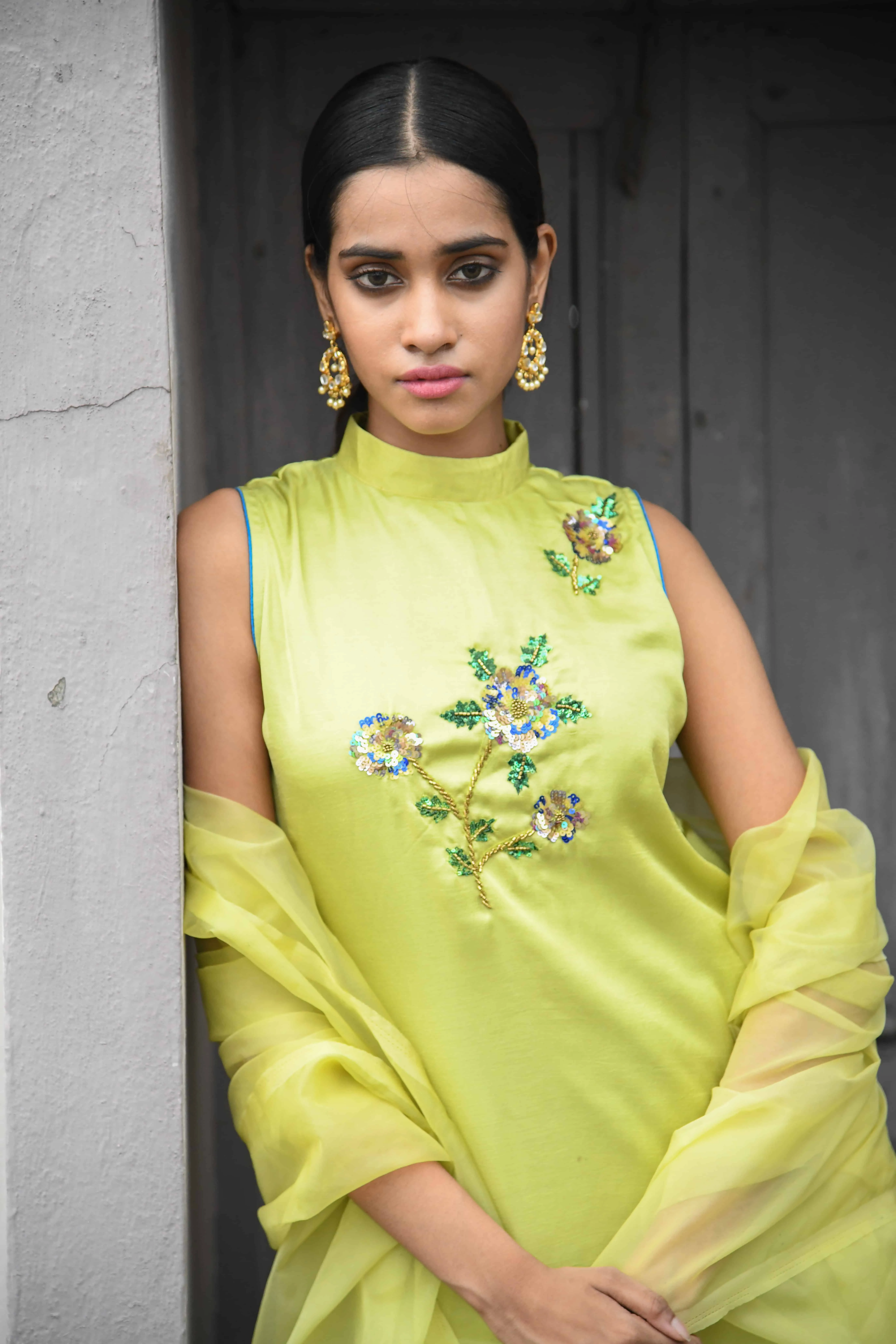 Green Sequined Satin Kurta Set
