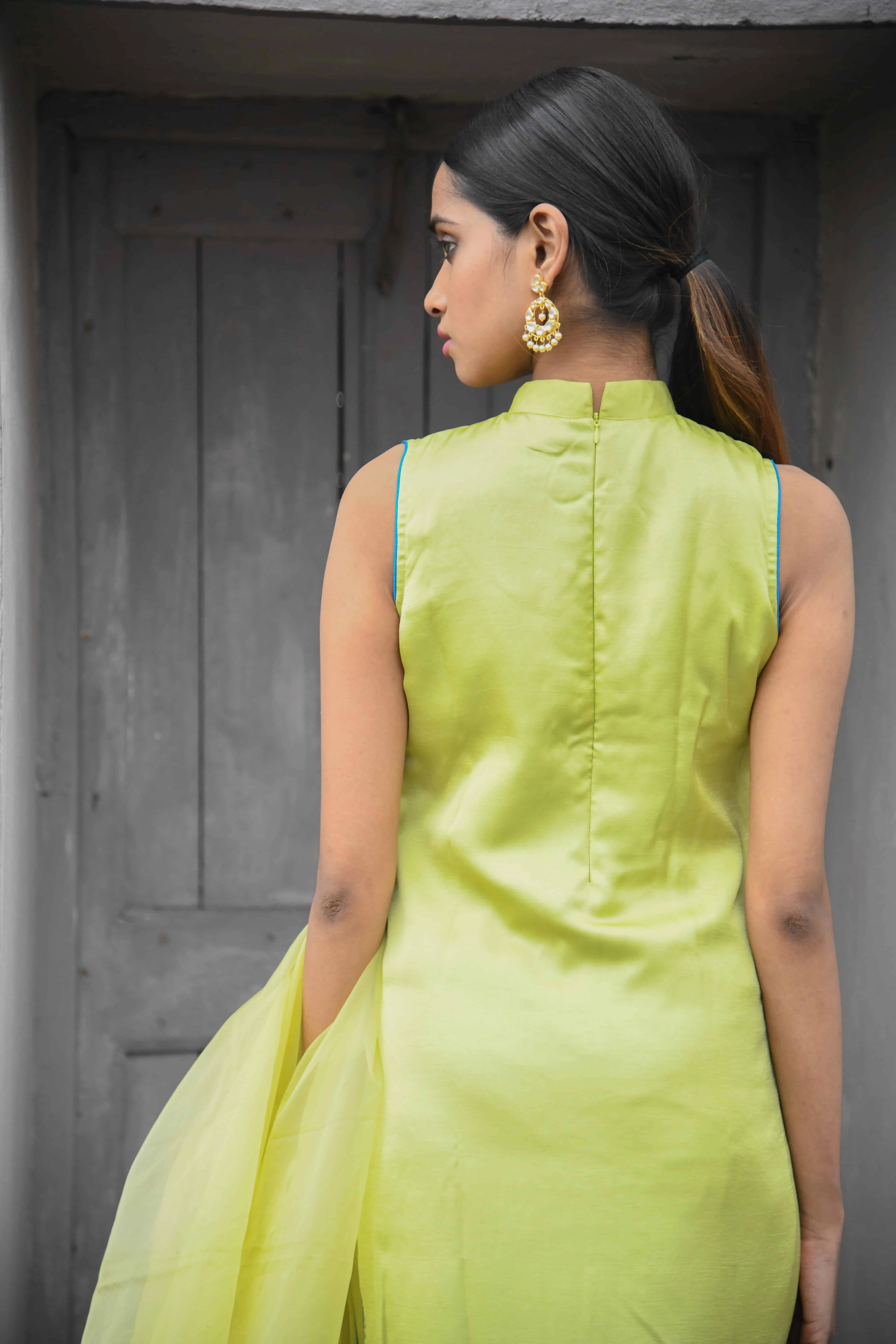 Green Sequined Satin Kurta Set