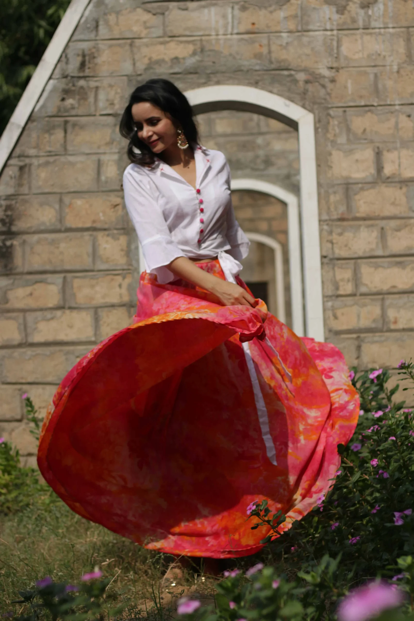 Multicolored Skirt With White Shirt