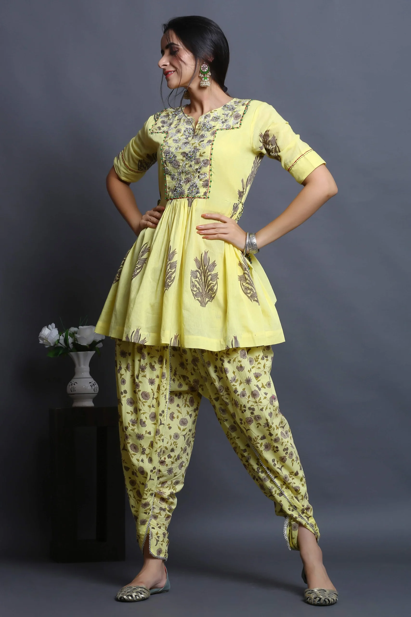 Yellow Block Print Dhoti Set