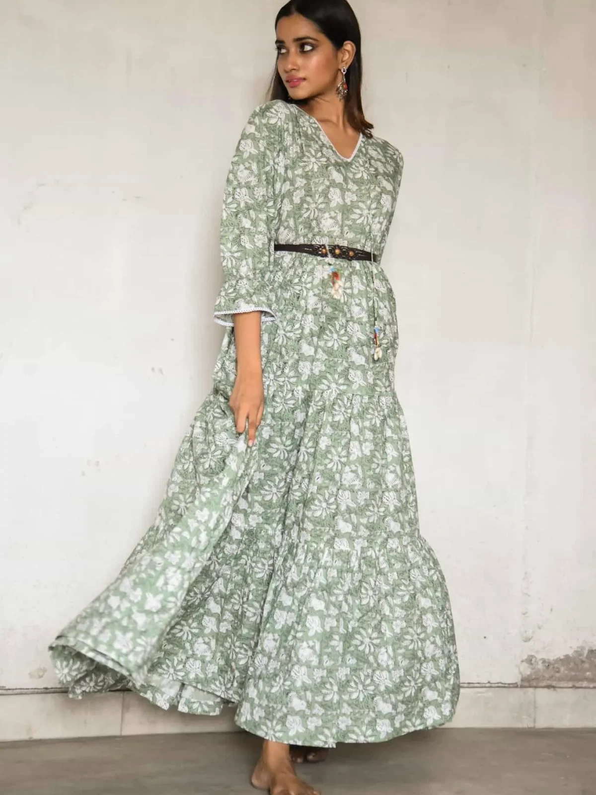 Green Floral Printed Long Dress