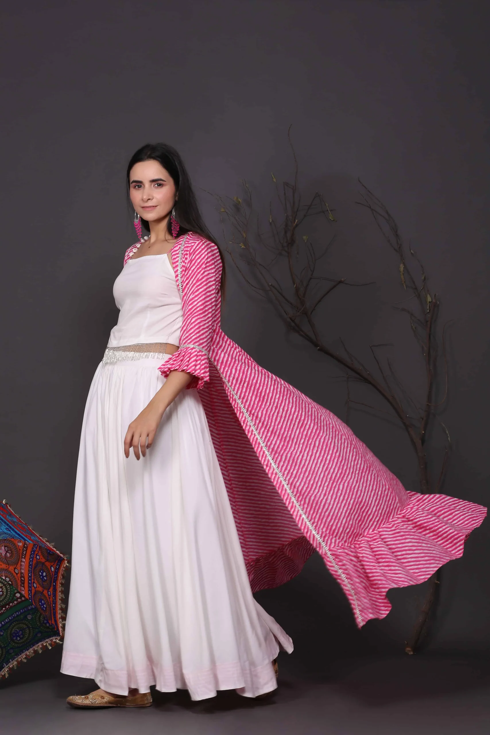 White Skirt And Top With Pink Shrug