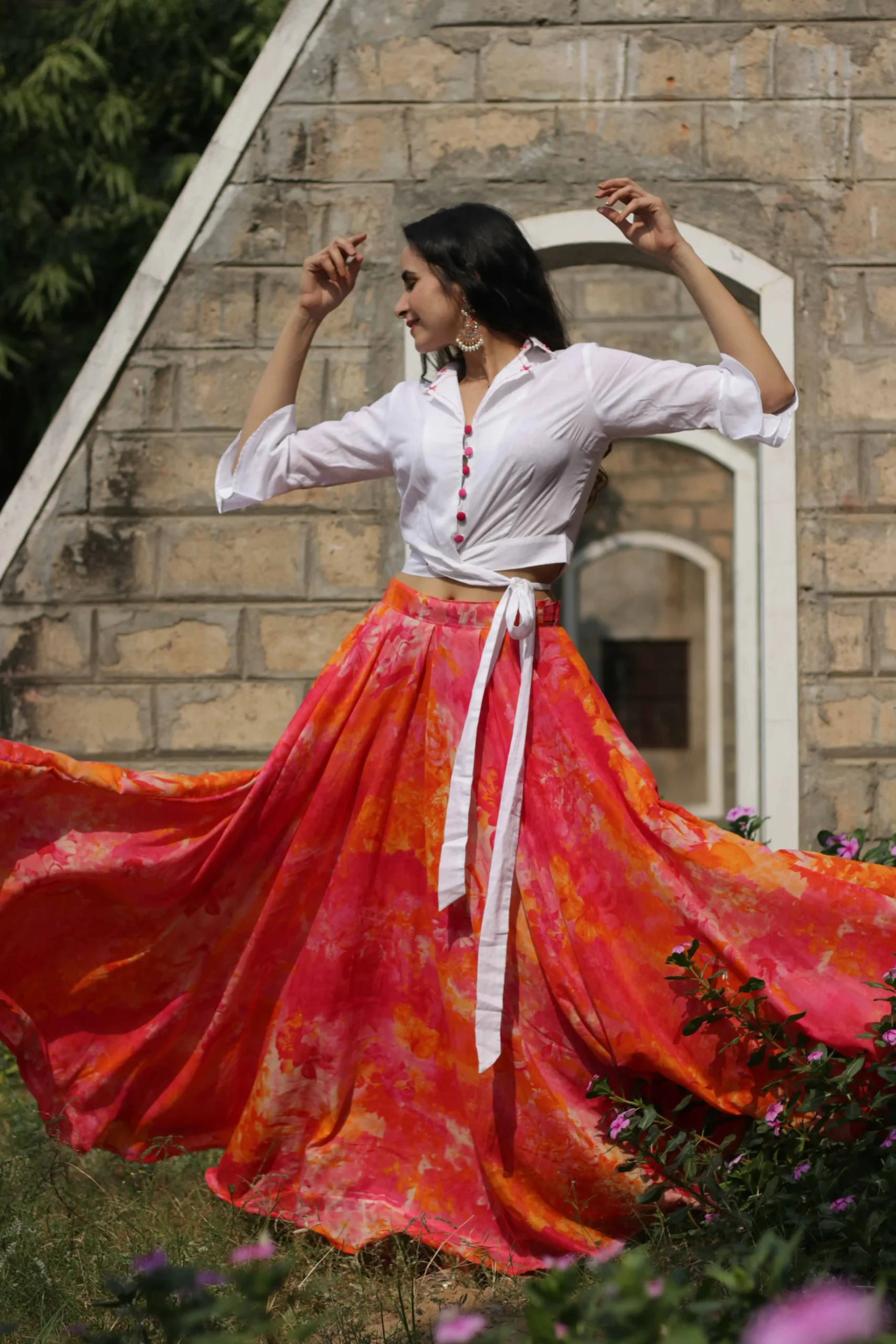 Multicolored Skirt With White Shirt