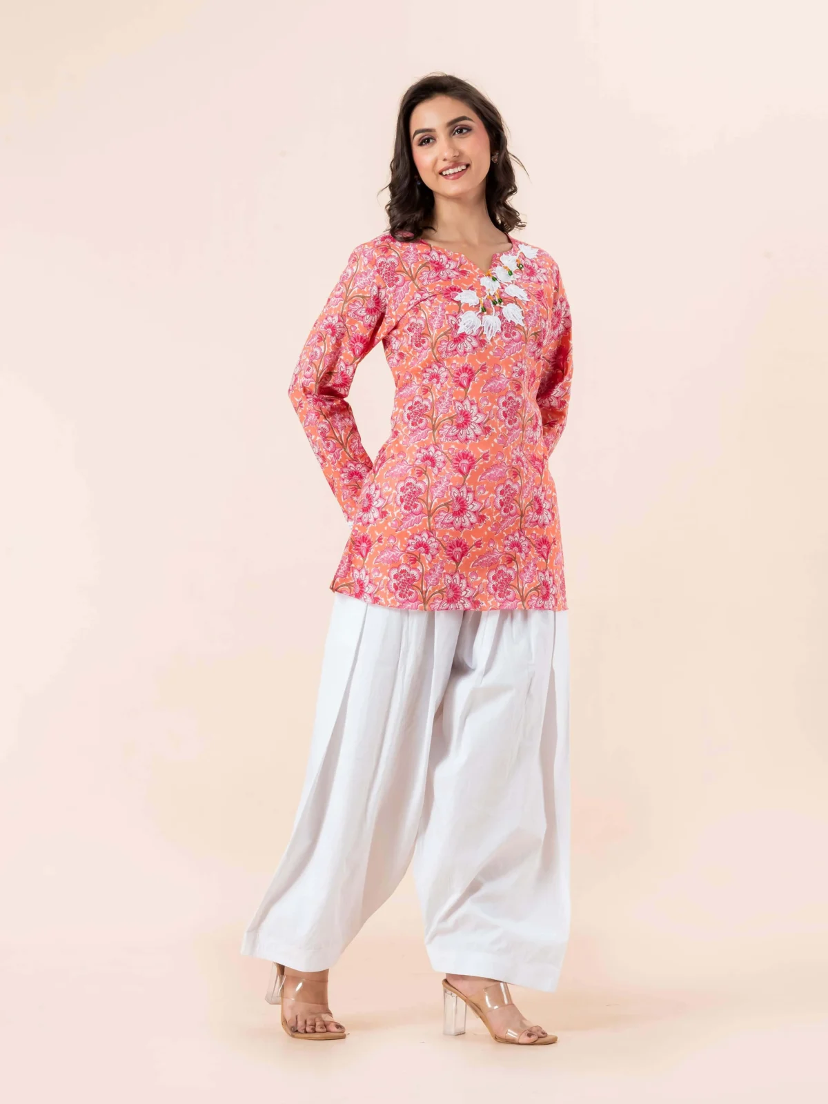 Peach Pearl Detail Short Kurti