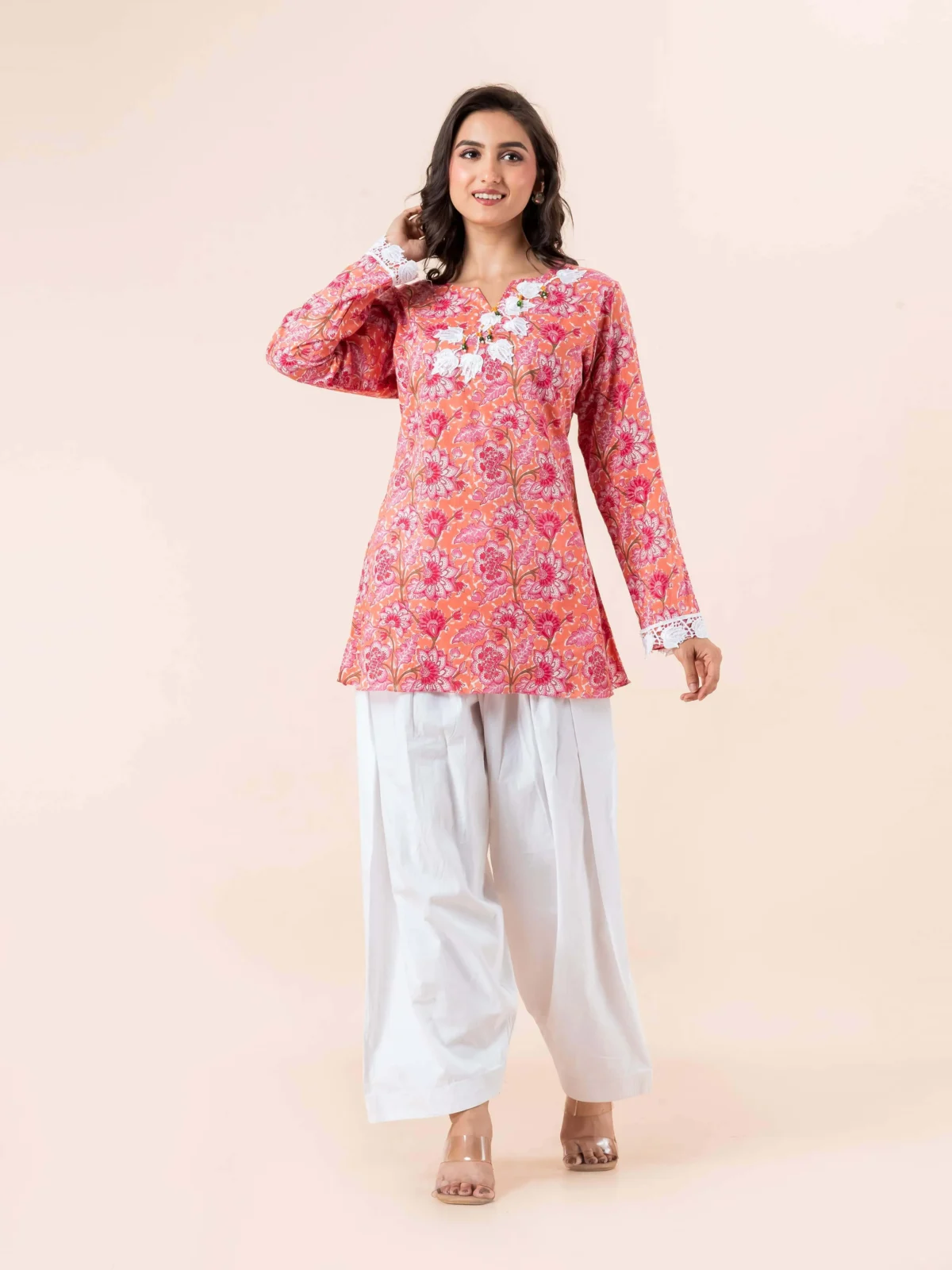 Peach Pearl Detail Short Kurti